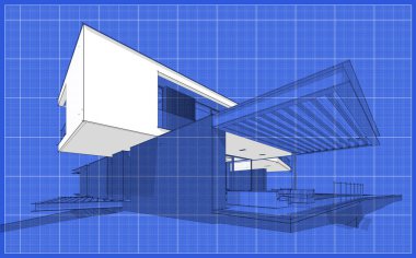 Tepedeki garajı ve havuzu satılık ya da kiralık olan modern konforlu ev. Hafif gölgeli siyah çizgi çizimi ve plan üzerinde beyaz nokta.