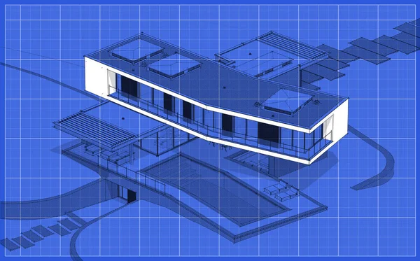 3D在山上建造现代化舒适的房子 配有车库和供出售或出租的游泳池 略带柔和阴影和蓝图背景白斑的黑线草图 — 图库照片