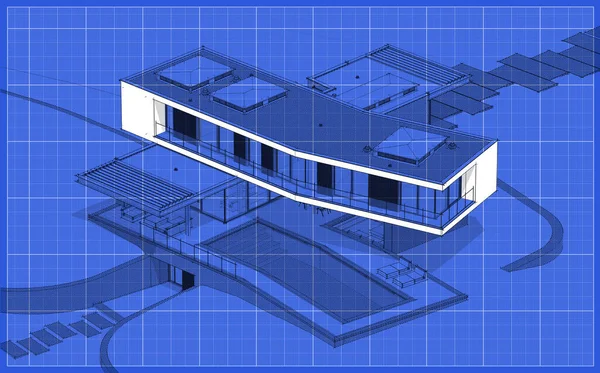 Rendering Von Modernen Gemütlichen Haus Auf Dem Hügel Mit Garage — Stockfoto