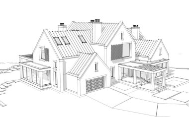 Göletlerin üzerinde, garajı ve havuzu satılık ya da kiralık olan modern konforlu tokuşturma evi. Beyaz zemin üzerinde yumuşak ışık gölgeleri olan siyah çizgi çizimi
