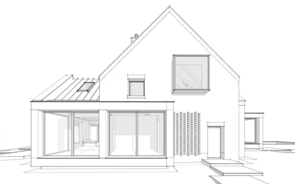 ガレージや販売や家賃のためのプール付きの池に現代的な居心地の良いクリンカーハウスの3Dレンダリング 白地に柔らかい光の影の黒い線のスケッチ — ストック写真