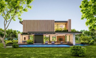 Park yeri ve havuzu satılık ya da kiralık, ahşap ön cepheli ve arka planda güzel peyzajlı modern konforlu bir ev. Pencerenin sıcacık ışıklarıyla berrak bir yaz akşamı.