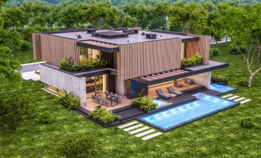 Park yeri ve havuzu satılık ya da kiralık, ahşap ön cepheli ve arka planda güzel peyzajlı modern konforlu bir ev. Pencerenin sıcacık ışıklarıyla berrak bir yaz akşamı.