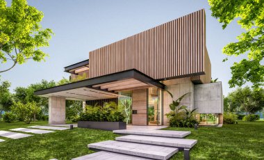 Park yeri ve havuzu satılık ya da kiralık, ahşap ön cepheli ve arka planda güzel peyzajlı modern konforlu bir ev. Pencerenin sıcacık ışıklarıyla berrak bir yaz akşamı.