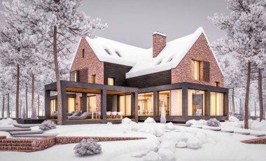 Arka planda güzel peyzajı olan, garajı ve havuzu satılık ya da kirası olan, göletlerin üzerindeki modern sıcacık evin 3 boyutlu görüntüsü. İçerisi ılık, serin kış akşamları.