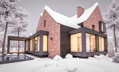 Arka planda güzel peyzajı olan, garajı ve havuzu satılık ya da kirası olan, göletlerin üzerindeki modern sıcacık evin 3 boyutlu görüntüsü. İçerisi ılık, serin kış akşamları.