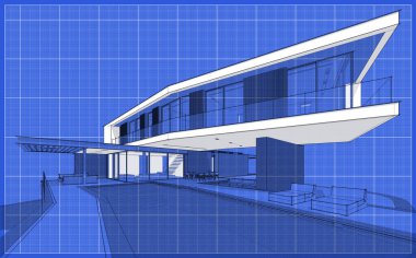 Tepedeki garajı ve havuzu satılık ya da kiralık olan modern konforlu ev. Hafif gölgeli siyah çizgi çizimi ve plan üzerinde beyaz nokta.