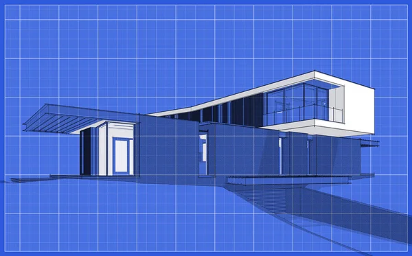 3d rendering of modern cozy house on the hill with garage and pool for sale or rent.  Black line sketch with soft light shadows and white spot on blueprint background.