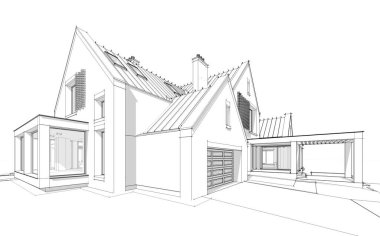 Göletlerin üzerinde, garajı ve havuzu satılık ya da kiralık olan modern konforlu tokuşturma evi. Beyaz zemin üzerinde yumuşak ışık gölgeleri olan siyah çizgi çizimi