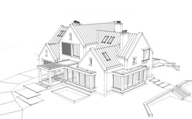 Göletlerin üzerinde, garajı ve havuzu satılık ya da kiralık olan modern konforlu tokuşturma evi. Beyaz zemin üzerinde yumuşak ışık gölgeleri olan siyah çizgi çizimi