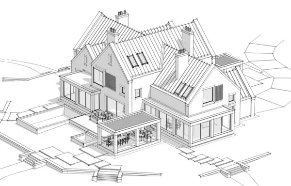 ガレージや販売や家賃のためのプール付きの池に現代的な居心地の良いクリンカーハウスの3Dレンダリング 白地に柔らかい光の影の黒い線のスケッチ — ストック写真