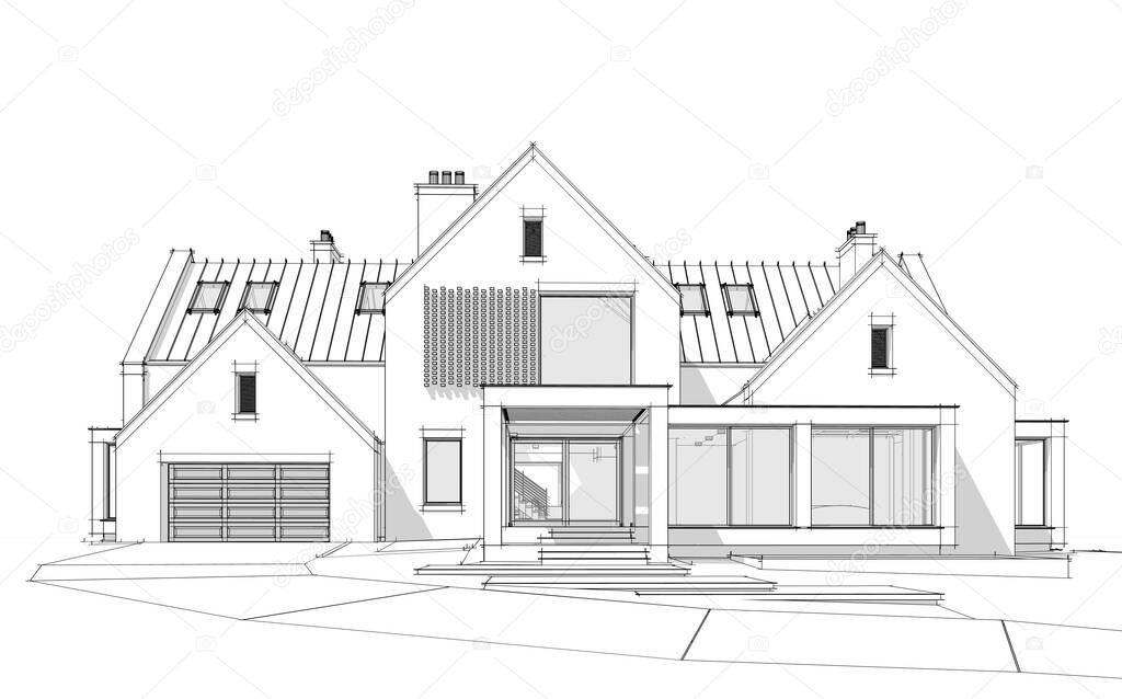 3d rendering of modern cozy clinker house on the ponds with garage and pool for sale or rent. Black line sketch with soft light shadows on white background