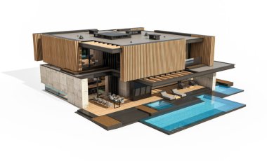 Park yeri ve havuzu satılık ya da ahşap kaplamalı modern konforlu ev. Beyazda izole edilmiş