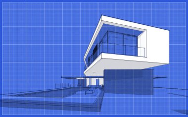 Tepedeki garajı ve havuzu satılık ya da kiralık olan modern konforlu ev. Hafif gölgeli siyah çizgi çizimi ve plan üzerinde beyaz nokta.