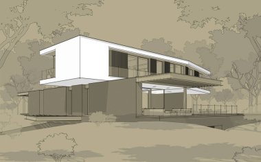 Tepedeki garajı ve havuzu satılık ya da kiralık olan modern konforlu ev. Beyaz noktalı siyah çizgi çizimi ve zanaat arka planında el çizimi..