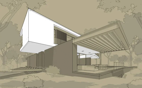 3D在山上建造现代化舒适的房子 配有车库和供出售或出租的游泳池 具有白斑的黑线草图及手绘背景的随行人员 — 图库照片