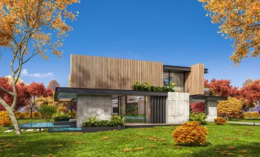 Park yeri ve havuzu satılık ya da kiralık, ahşap ön cepheli ve arka planda güzel peyzajlı modern konforlu bir ev. Güneşli bir sonbahar günü, her yerde altın yapraklar.