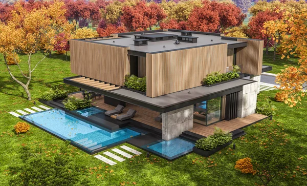 Rendering Von Modernen Gemütlichen Haus Mit Parkplatz Und Pool Zum — Stockfoto