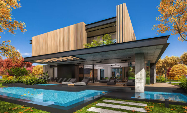 Трехмерный рендеринг современного уютного дома с парковкой и бассейном на продажу или в аренду с деревянным фасадом и красивым ландшафтным дизайном на заднем плане. Ясный солнечный осенний день с золотыми листьями везде
.