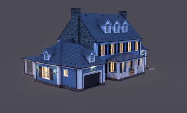 Modern konforlu klasik evin 3 boyutlu tasarımı. Geceleri garajı ve havuzu satılık ya da kiralık. Siyah üzerine izole edilmiş..