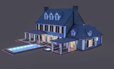 Modern konforlu klasik evin 3 boyutlu tasarımı. Geceleri garajı ve havuzu satılık ya da kiralık. Siyah üzerine izole edilmiş..