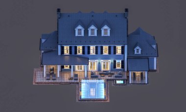 Modern konforlu klasik evin 3 boyutlu tasarımı. Geceleri garajı ve havuzu satılık ya da kiralık. Siyah üzerine izole edilmiş..