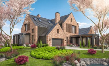 Göletlerin üzerinde, garajı ve havuzu satılık ya da kiralık olan modern konforlu tokuşturma evi. Arka planda sakura çiçekleri olan çiçek açan ağaçlarla taze bir bahar günü..