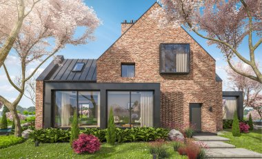 Göletlerin üzerinde, garajı ve havuzu satılık ya da kiralık olan modern konforlu tokuşturma evi. Arka planda sakura çiçekleri olan çiçek açan ağaçlarla taze bir bahar günü..