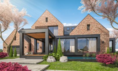 Göletlerin üzerinde, garajı ve havuzu satılık ya da kiralık olan modern konforlu tokuşturma evi. Arka planda sakura çiçekleri olan çiçek açan ağaçlarla taze bir bahar günü..