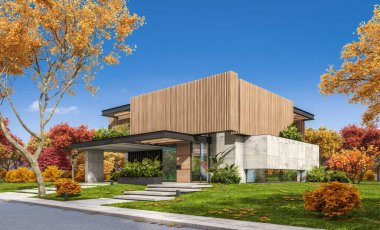 Park yeri ve havuzu satılık ya da kiralık, ahşap ön cepheli ve arka planda güzel peyzajlı modern konforlu bir ev. Güneşli bir sonbahar günü, her yerde altın yapraklar.