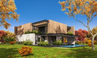 Park yeri ve havuzu satılık ya da kiralık, ahşap ön cepheli ve arka planda güzel peyzajlı modern konforlu bir ev. Güneşli bir sonbahar günü, her yerde altın yapraklar.