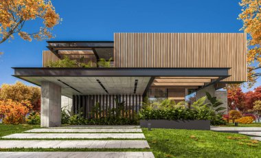 Park yeri ve havuzu satılık ya da kiralık, ahşap ön cepheli ve arka planda güzel peyzajlı modern konforlu bir ev. Güneşli bir sonbahar günü, her yerde altın yapraklar.