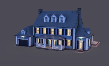 Modern konforlu klasik evin 3 boyutlu tasarımı. Geceleri garajı ve havuzu satılık ya da kiralık. Siyah üzerine izole edilmiş..