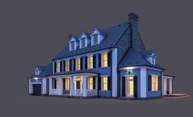 Modern konforlu klasik evin 3 boyutlu tasarımı. Geceleri garajı ve havuzu satılık ya da kiralık. Siyah üzerine izole edilmiş..