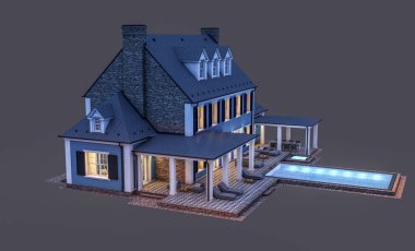 Modern konforlu klasik evin 3 boyutlu tasarımı. Geceleri garajı ve havuzu satılık ya da kiralık. Siyah üzerine izole edilmiş..