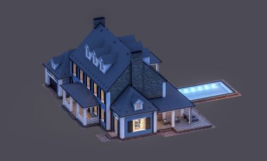 Modern konforlu klasik evin 3 boyutlu tasarımı. Geceleri garajı ve havuzu satılık ya da kiralık. Siyah üzerine izole edilmiş..