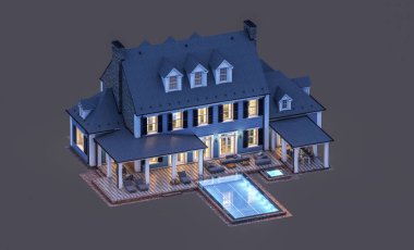 Modern konforlu klasik evin 3 boyutlu tasarımı. Geceleri garajı ve havuzu satılık ya da kiralık. Siyah üzerine izole edilmiş..