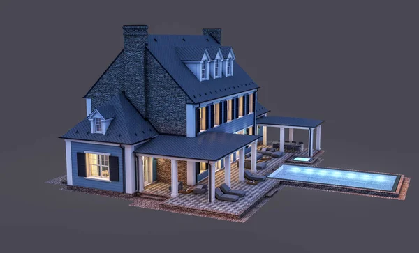 3D将现代舒适的古典式住宅渲染成殖民风格 带有车库和游泳池供晚上出售或出租 被隔离在黑暗中 — 图库照片