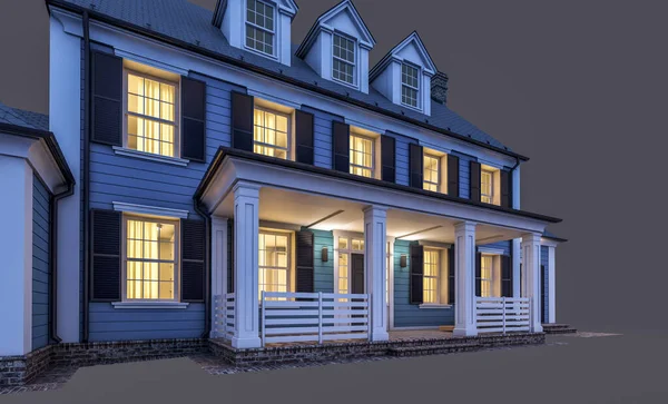 3D将现代舒适的古典式住宅渲染成殖民风格 带有车库和游泳池供晚上出售或出租 被隔离在黑暗中 — 图库照片