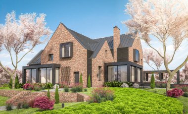 Göletlerin üzerinde, garajı ve havuzu satılık ya da kiralık olan modern konforlu tokuşturma evi. Arka planda sakura çiçekleri olan çiçek açan ağaçlarla taze bir bahar günü..