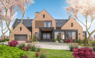 Göletlerin üzerinde, garajı ve havuzu satılık ya da kiralık olan modern konforlu tokuşturma evi. Arka planda sakura çiçekleri olan çiçek açan ağaçlarla taze bir bahar günü..