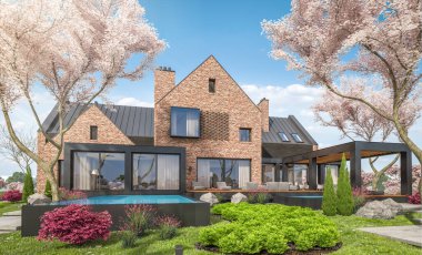 Göletlerin üzerinde, garajı ve havuzu satılık ya da kiralık olan modern konforlu tokuşturma evi. Arka planda sakura çiçekleri olan çiçek açan ağaçlarla taze bir bahar günü..