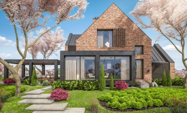 Göletlerin üzerinde, garajı ve havuzu satılık ya da kiralık olan modern konforlu tokuşturma evi. Arka planda sakura çiçekleri olan çiçek açan ağaçlarla taze bir bahar günü..