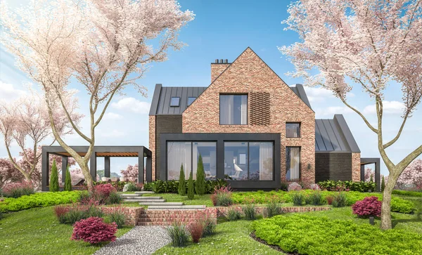 Göletlerin üzerinde, garajı ve havuzu satılık ya da kiralık olan modern konforlu tokuşturma evi. Arka planda sakura çiçekleri olan çiçek açan ağaçlarla taze bir bahar günü..