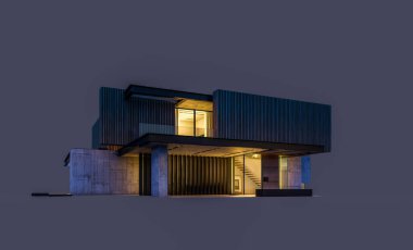 Akşamları park yeri ve havuzu satılık ya da ahşap cepheli modern konforlu ev. Siyah üzerine izole edilmiş.