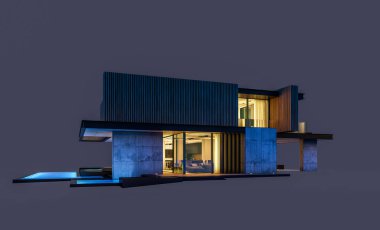 Park yeri ve havuzu satılık ya da ahşap kaplamalı modern konforlu ev. Beyazda izole edilmiş