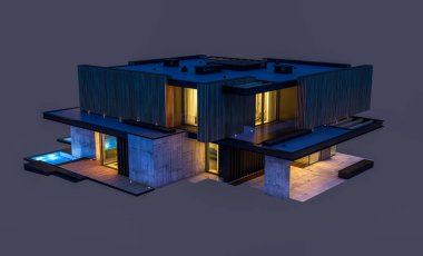 Park yeri ve havuzu satılık ya da ahşap kaplamalı modern konforlu ev. Beyazda izole edilmiş