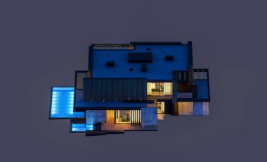 Park yeri ve havuzu satılık ya da ahşap kaplamalı modern konforlu ev. Beyazda izole edilmiş