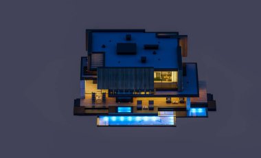 Park yeri ve havuzu satılık ya da ahşap kaplamalı modern konforlu ev. Beyazda izole edilmiş