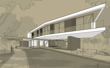 Tepedeki garajı ve havuzu satılık ya da kiralık olan modern konforlu ev. Beyaz noktalı siyah çizgi çizimi ve zanaat arka planında el çizimi..
